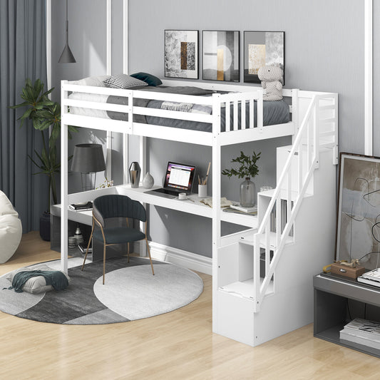 Twin Size Loft Bed with Staircase and Built-in Desk ,White