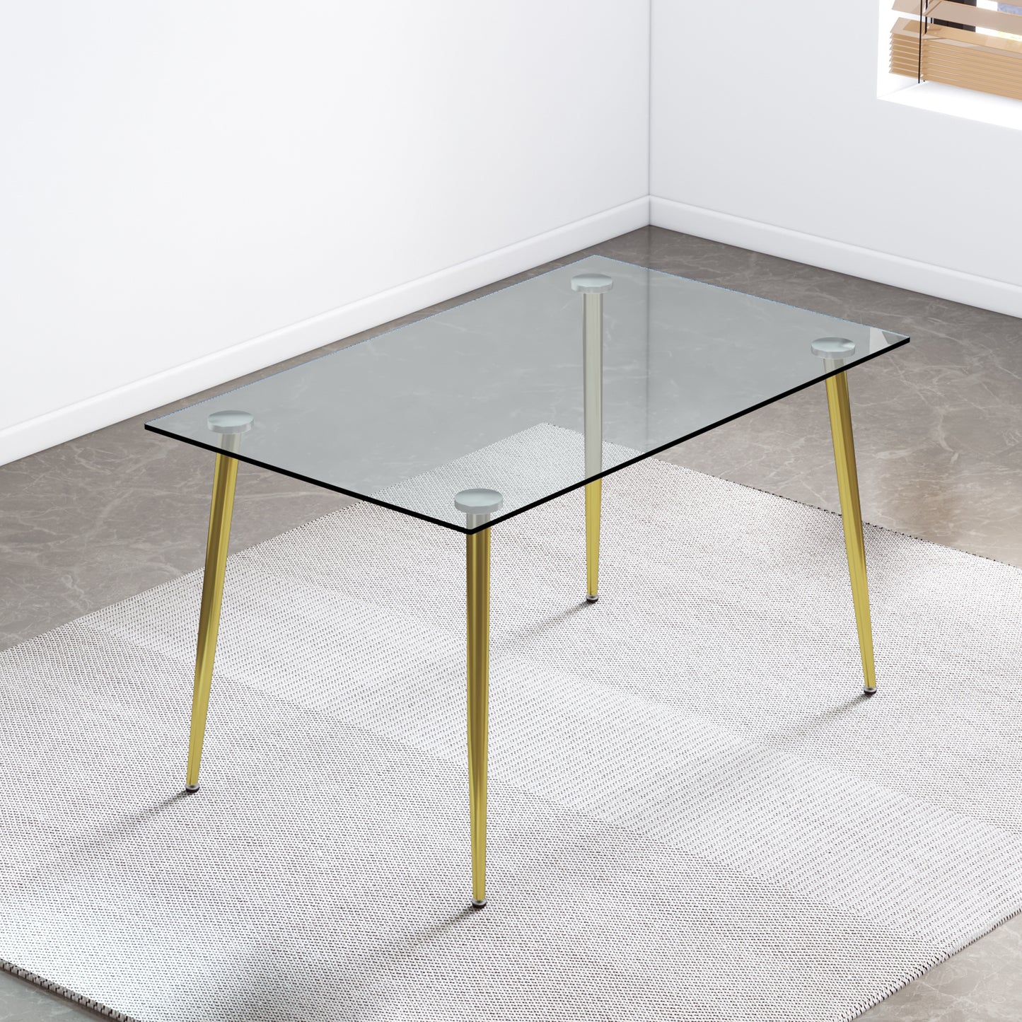 Modern Minimalist Rectangular Glass  Dining Table for 4-6 with 0.31" Tempered Glass Tabletop and Golden plating Metal Legs, Writing Table Desk, for Kitchen Dining Living Room, 51" W x 31"D x 30" H