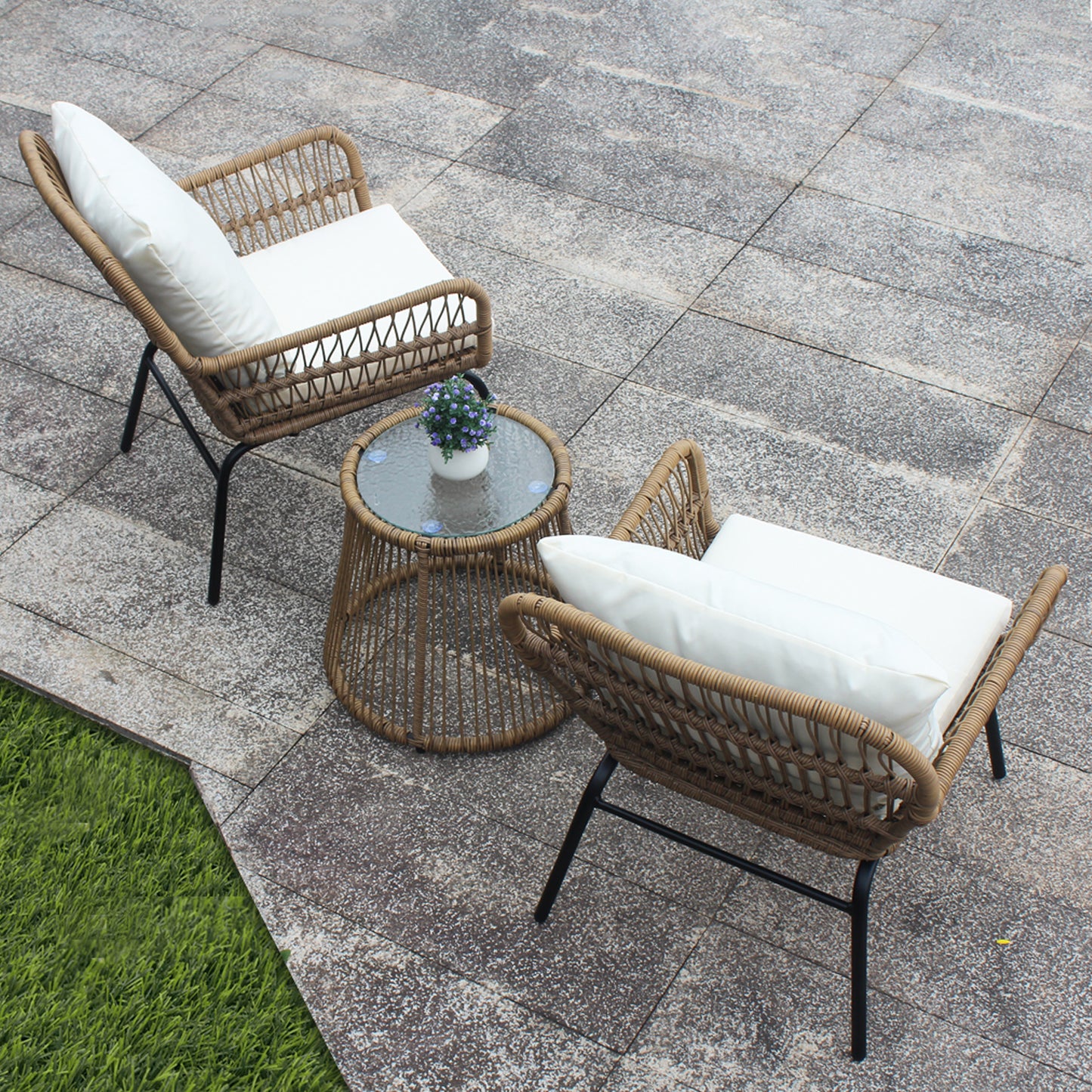 3PCS Outdoor Patio Balcony Natural Color Wicker Chair Set with Beige Cushion and Round Tempered Glass Table