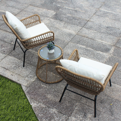 3PCS Outdoor Patio Balcony Natural Color Wicker Chair Set with Beige Cushion and Round Tempered Glass Table(New)