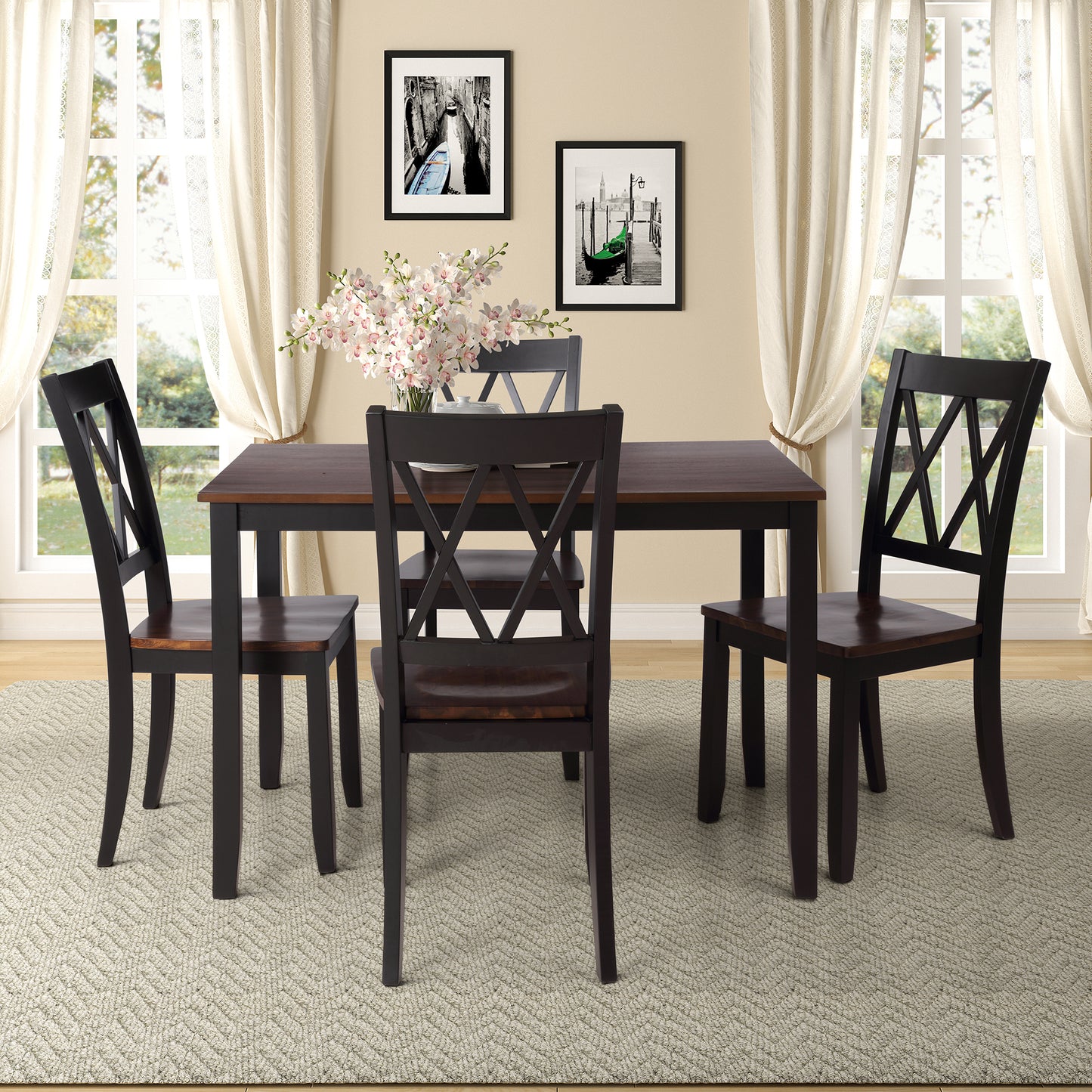 TOPMAX 5-Piece Dining Table Set Home Kitchen Table and Chairs Wood Dining Set (Black+Cherry)