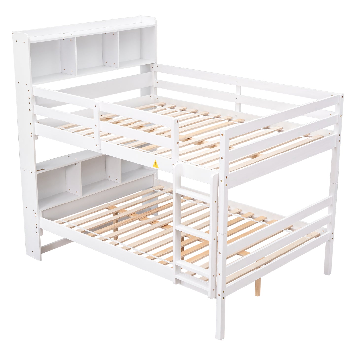 Full Over Full Bunk Beds with Bookcase Headboard, Solid Wood Bed Frame with Safety Rail and Ladder, Kids/Teens Bedroom, Guest Room Furniture, Can Be converted into 2 Beds, White