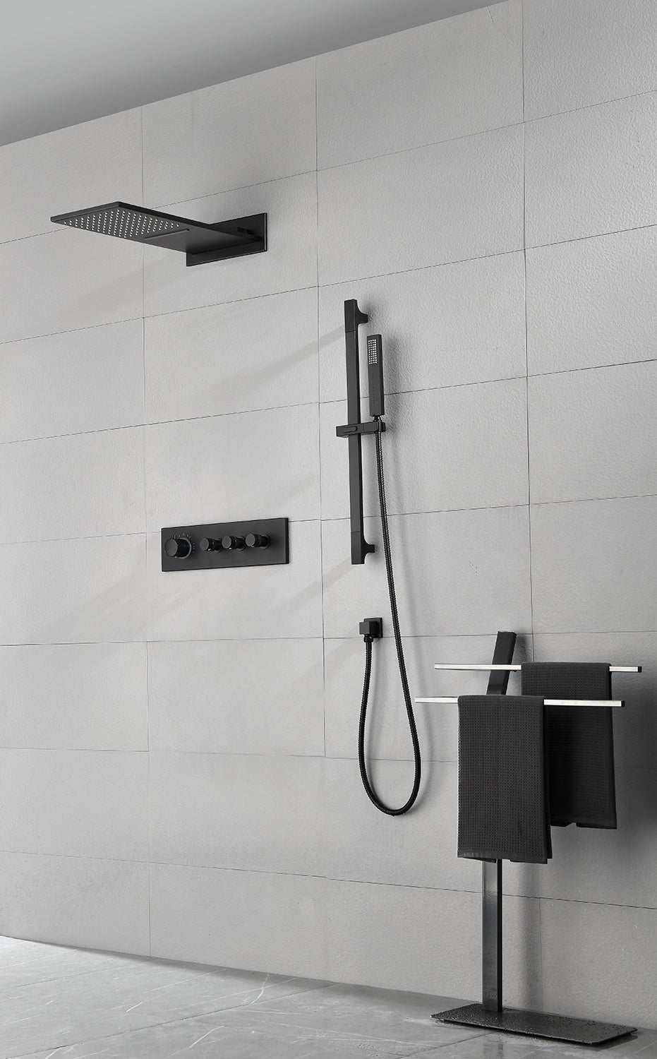 Shower System Square Bathroom Luxury Rain Mixer Shower Combo Set Pressure Balanced Shower System with Shower Head, Hand Shower, Slide Bar, Shower Arm, Hose, and Valve Trim