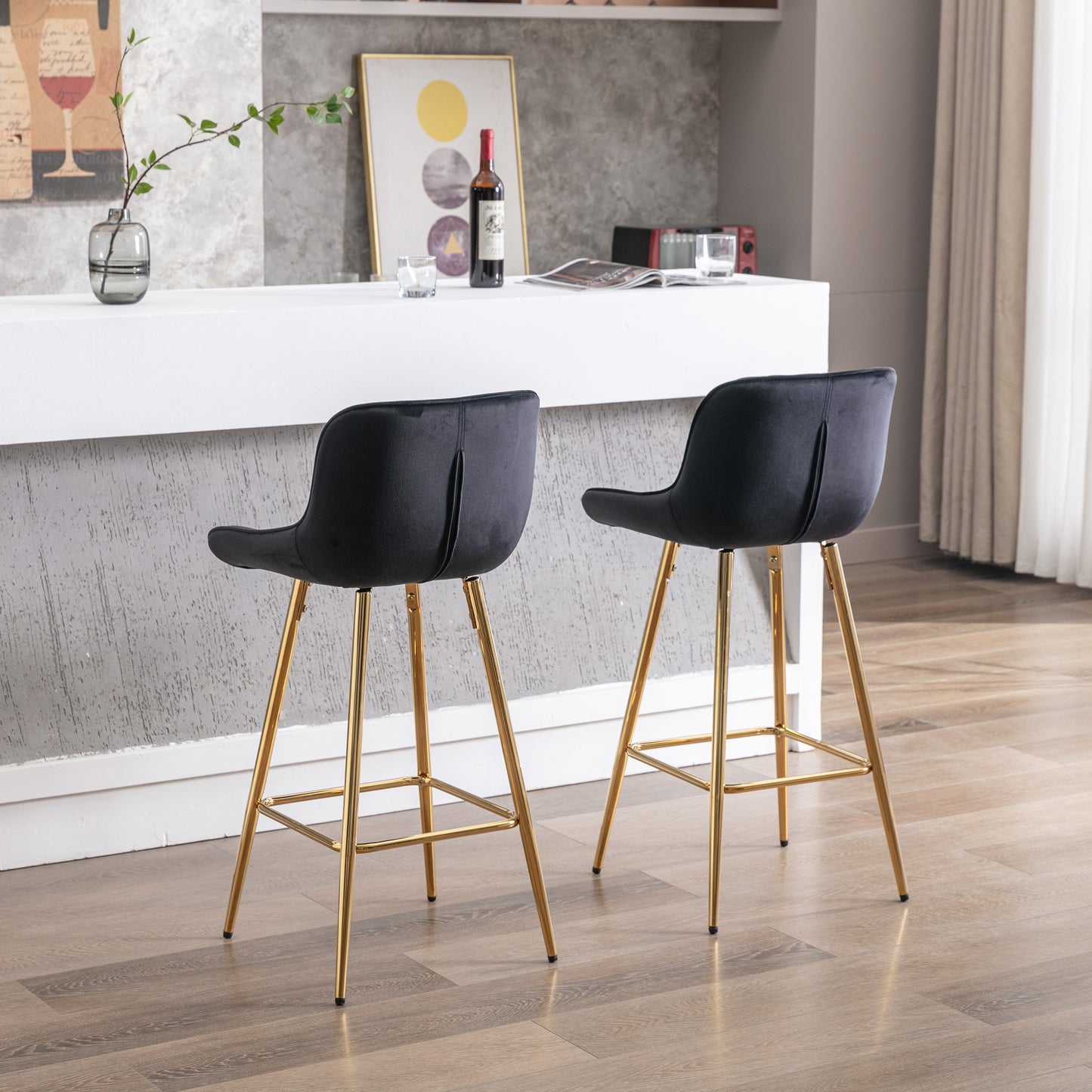 26 Inch Set of 2 Bar Stools,with Chrome Footrest  Velvet Fabric Counter Stool Golden Leg Simple Bar Stool,BLACK