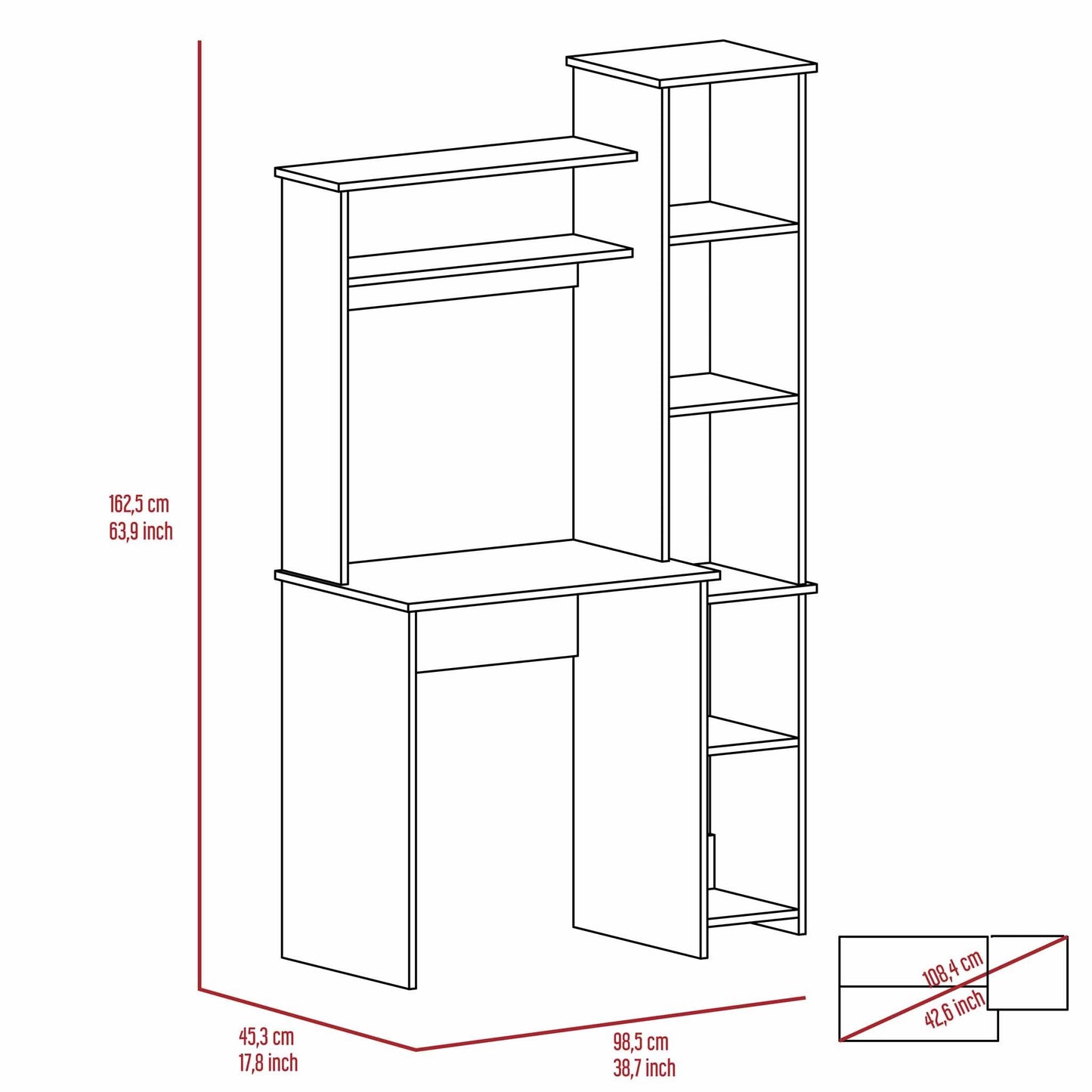 Marston 6-Shelf Writing Desk with Built-in Bookcase Light Grey