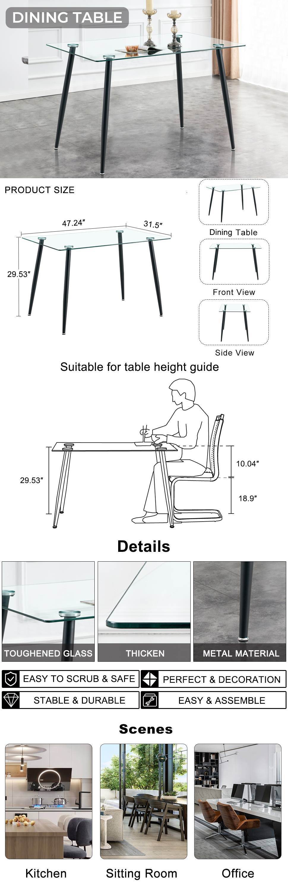 Modern Minimalist Rectangular Glass Dining Table for 4-6 with 0.31" Tempered Glass Tabletop and Black Coating Metal Legs, Writing Table Desk, for Kitchen Dining Living Room, 47" W x 31"D x 30" H