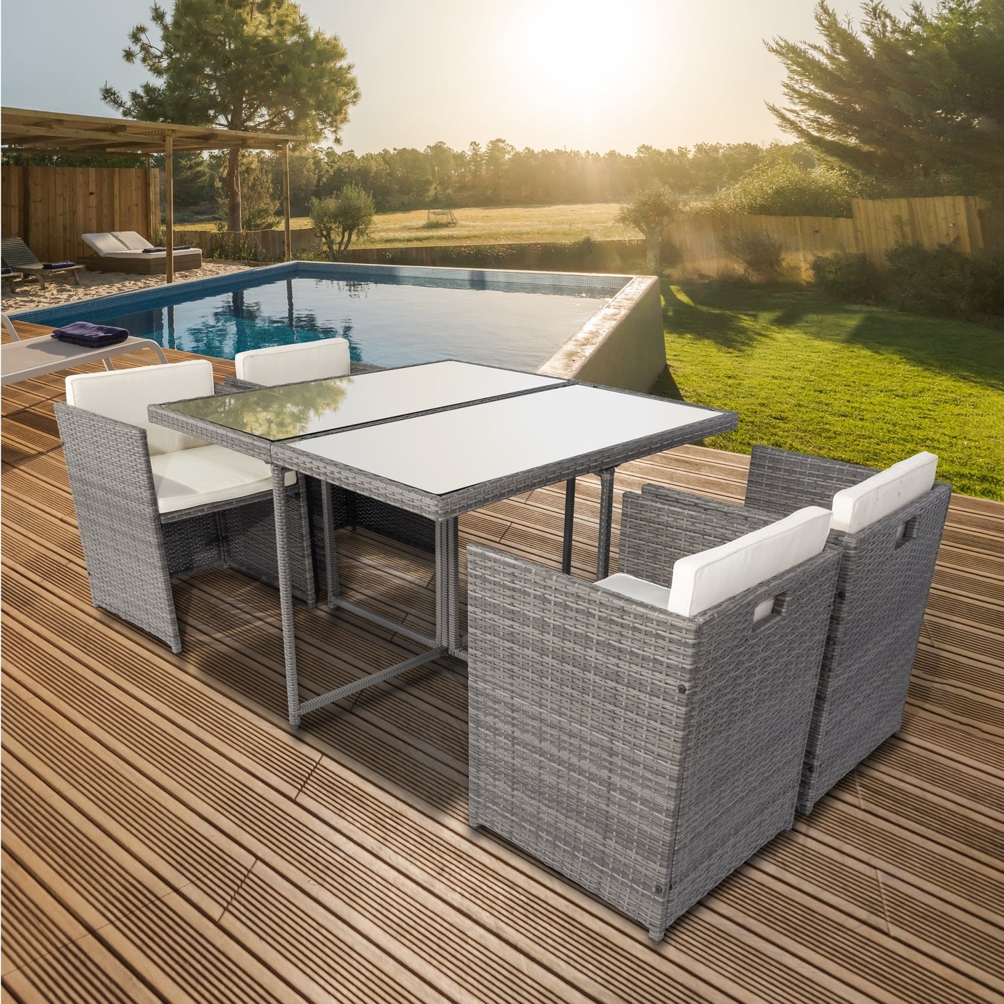 5 Pieces Patio Dining Sets Outdoor Space Saving Rattan Chairs with Glass Table Cushioned Seating