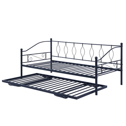 Twin Size Metal Daybed with Twin Size Adjustable Trundle, Portable Folding Trundle, Black