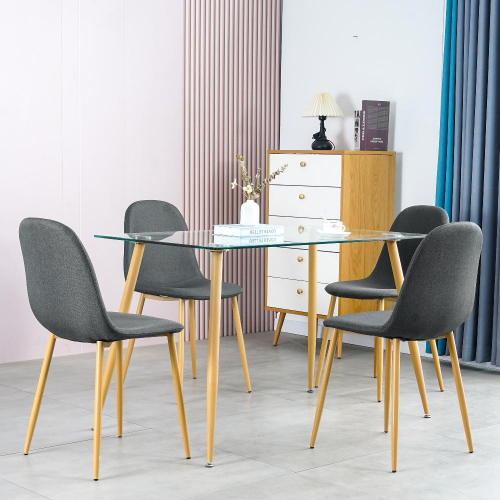 Dining Table Set Modern 5 Pieces Dining Room Set Mid Century Tempered Glass Kitchen Table and 4 Deep Grey Modern Fabric Chairs with wood-transfer Metal Legs