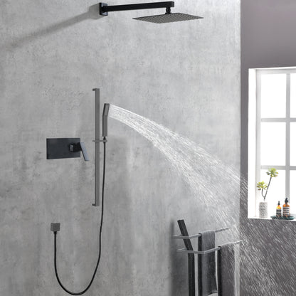 Shower System 10Inch Square Bathroom Luxury Rain Mixer Shower Combo Set Pressure Balanced Shower System with Shower Head, Hand Shower, Slide Bar, Shower Arm, Hose, and Valve Trim