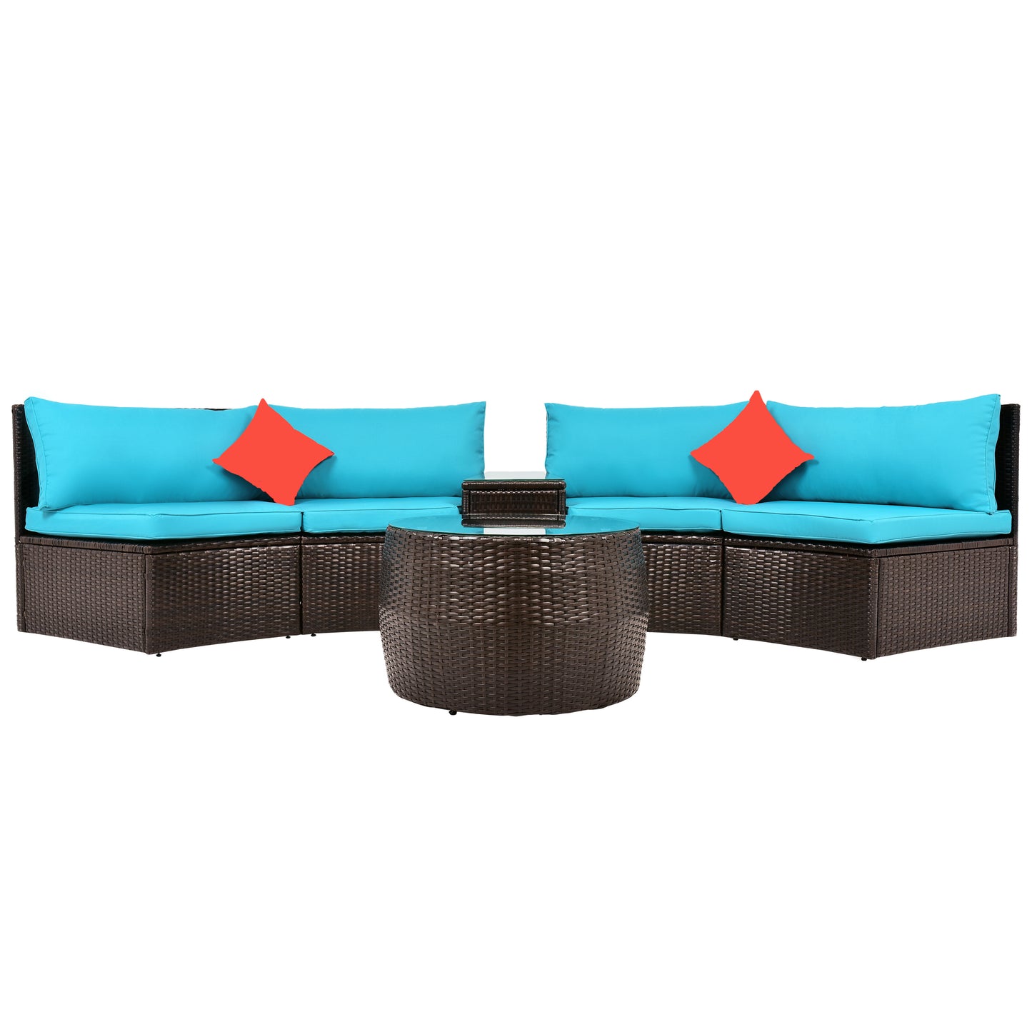 TOPMAX 4-Piece Patio Furniture Sets, Outdoor Half-Moon Sectional Furniture Wicker Sofa Set with Two Pillows and Coffee Table, Blue Cushions+Brown Wicker