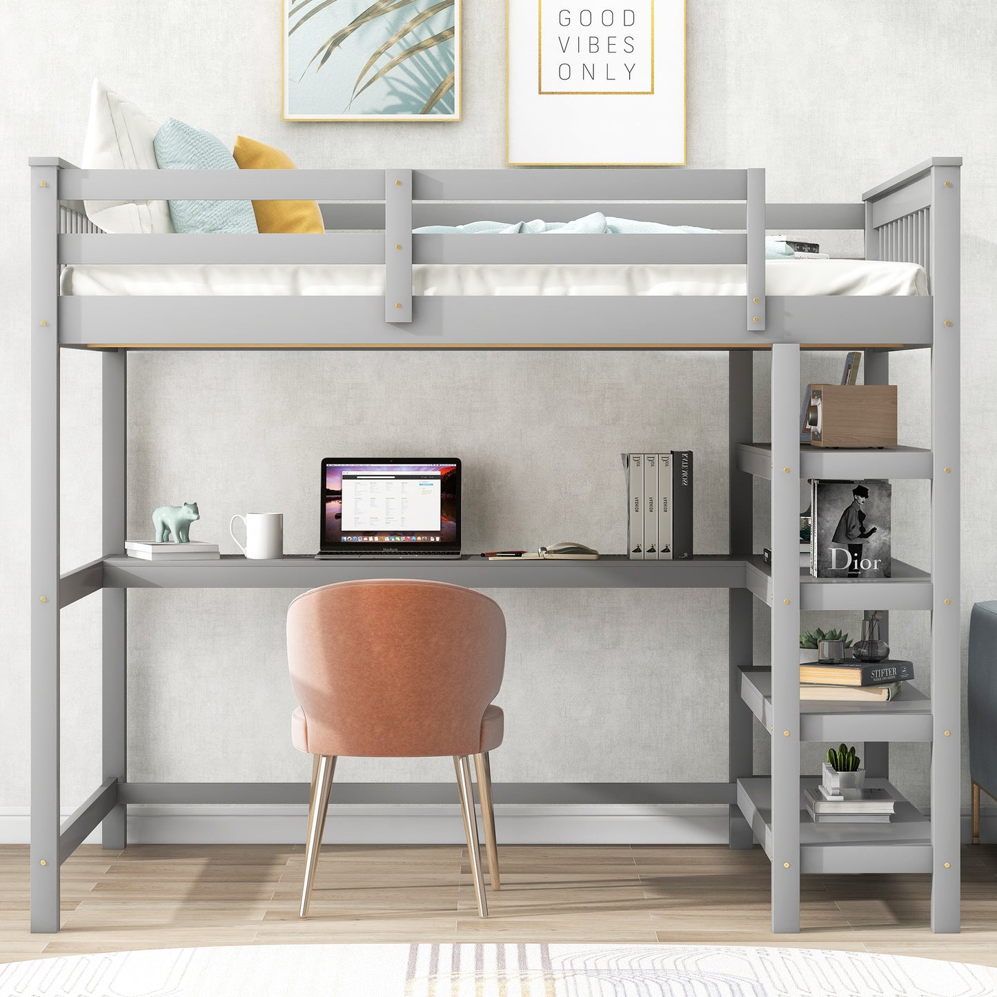 Full Size Loft Bed with Storage Shelves and Under-bed Desk, Gray(OLD SKU:SM000246AAE-1)