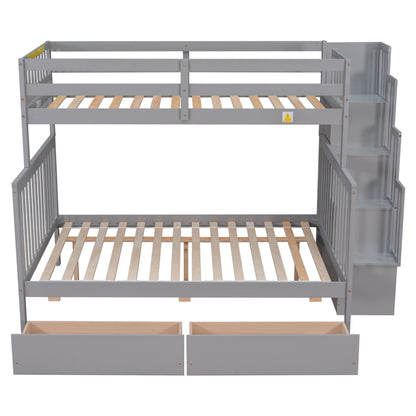 Twin Over Full Bunk Bed with 2 Drawers and Staircases, Convertible into 2 Beds, the Bunk Bed with Staircase and Safety Rails for Kids, Teens, Adults, Grey