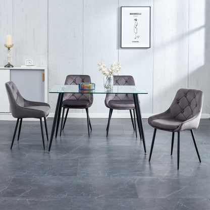 Kitchen Dining Room Metal legs Glass Table Set with 4 pcs grey velvet fabric dining chairs