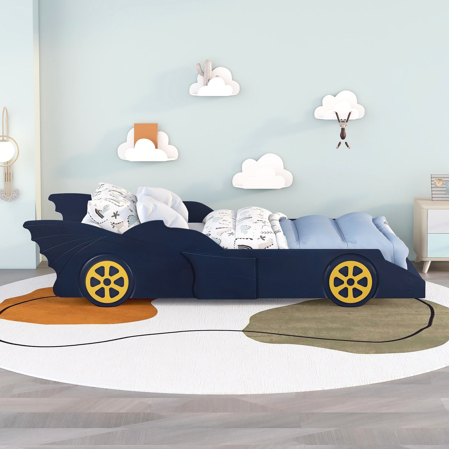 Twin Size Race Car-Shaped Platform Bed with Wheels,Blue+Yellow