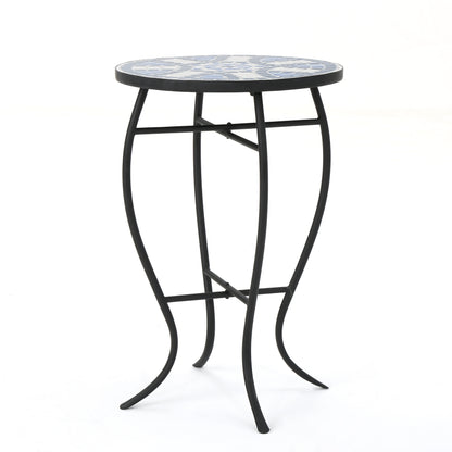 Harington Outdoor Blue & White Ceramic Tile Iron Frame Side Table