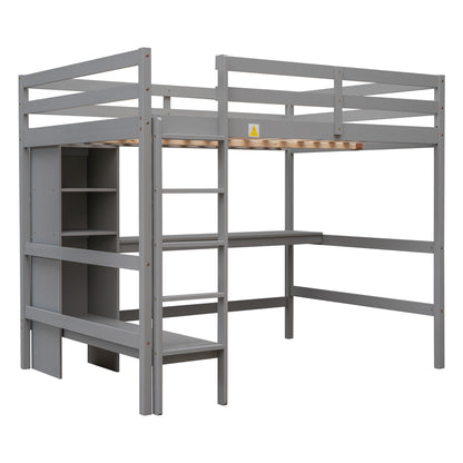 Full Size Loft Bed with Multifunction Shelves and Under-bed Desk, Gray