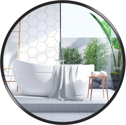 Round Mirror, Circle Mirror 16 Inch, Black Round Wall Mirror Suitable for Bedroom, Living Room, Bathroom, Entryway Wall Decor and More, Brushed Aluminum Frame Large Circle Mirrors for Wall