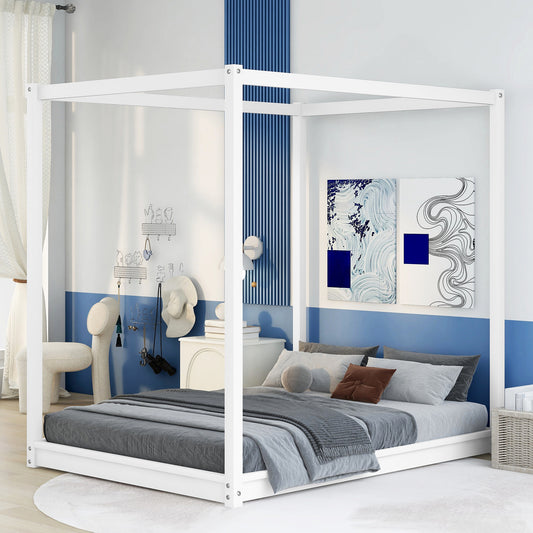 Full Size Canopy Platform Bed with Support Legs,White