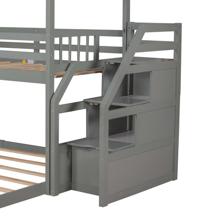 Twin over Full House Bunk Bed with Convertible Slide and Storage Staircase,Full-Length Guardrail,Gray