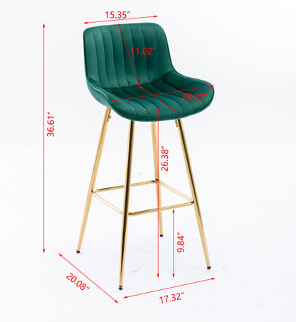 26 Inch Set of 2 Bar Stools,with Chrome Footrest Velvet Fabric Counter Stool Golden Leg Simple Bar Stool,GREEN