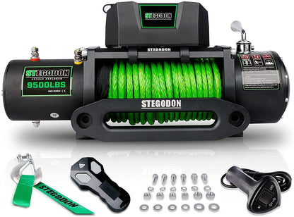 STEGODON New 9500 lb. Load Capacity Electric Winch S3,12V Waterproof IP67 Electric Winch with Hawse Fairlead, Synthetic Rope Winch with Wireless Handheld Remote and Wired Handle(Green-Rope)