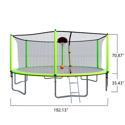 16FT Trampoline with Basketball Hoop Inflator and Ladder(Inner Safety Enclosure) Green