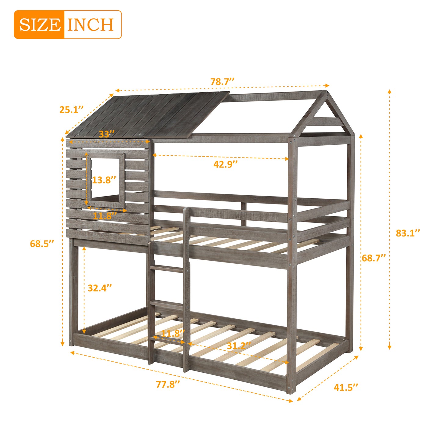 Twin Over Twin Bunk Bed Wood Loft Bed with Roof, Window, Guardrail, Ladder  ( Antique Gray )