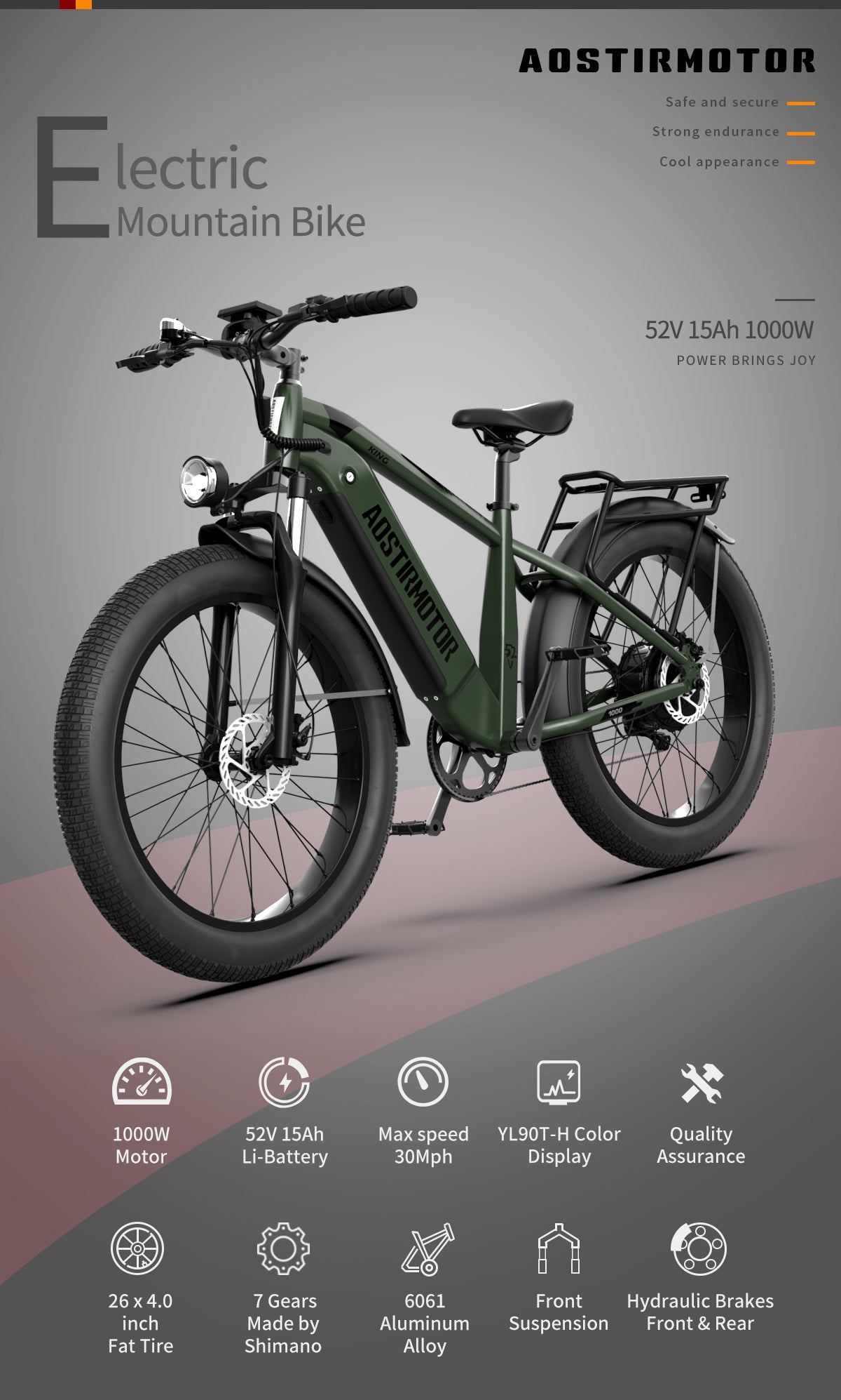 AOSTIRMOTOR new pattern 26" 1000W Electric Bike Fat Tire 52V15AH Removable Lithium Battery for Adults