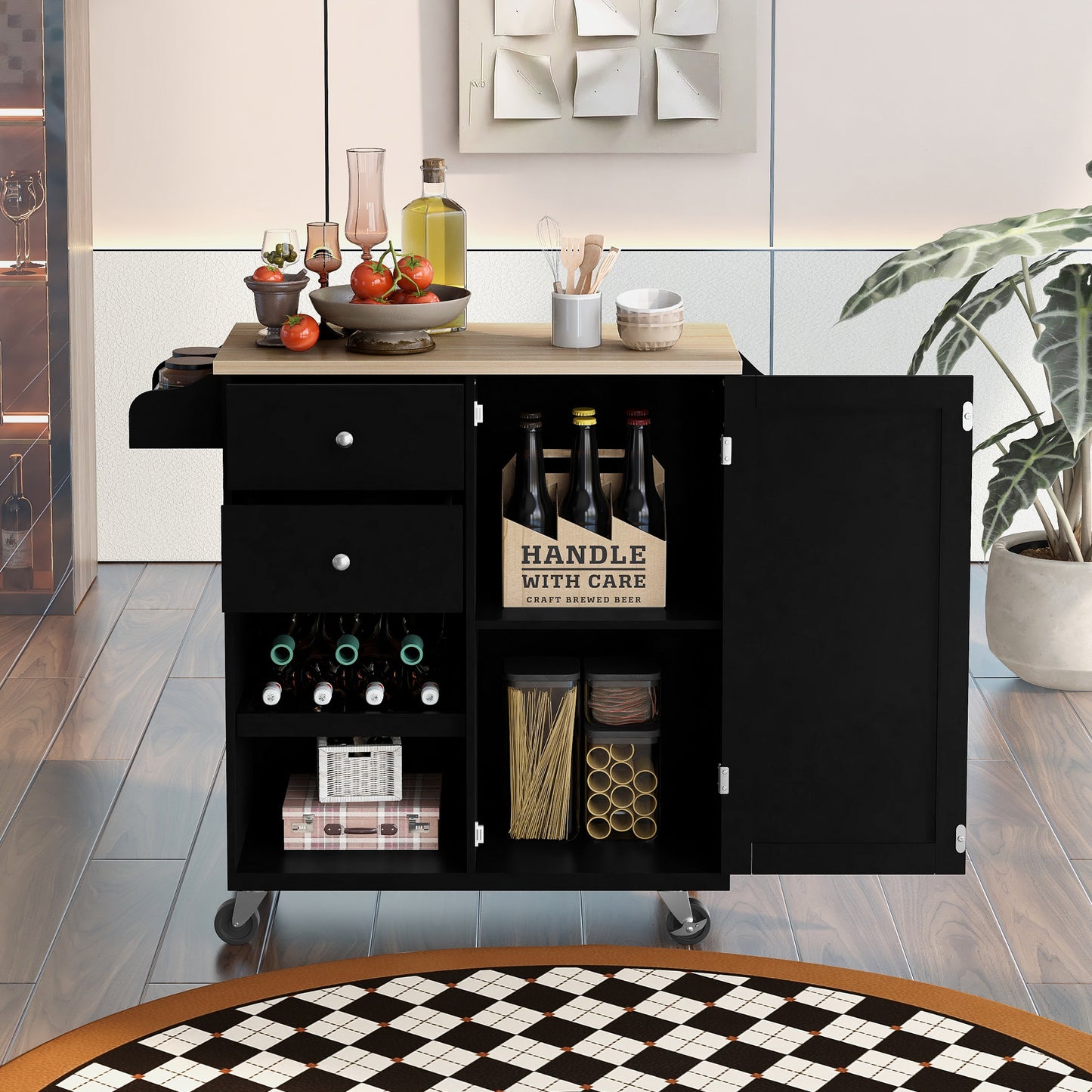 K&K Store Kitchen Cart with Spice Rack ,Towel Rack & Two Drawers,Rubber wood top,Kitchen Island with 4 Wheels for Dining Rooms Kitchens Living Rooms, Black