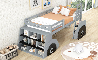 Twin Size Forklift Car-Shaped Loft Bed with Storage Shelves,Gray