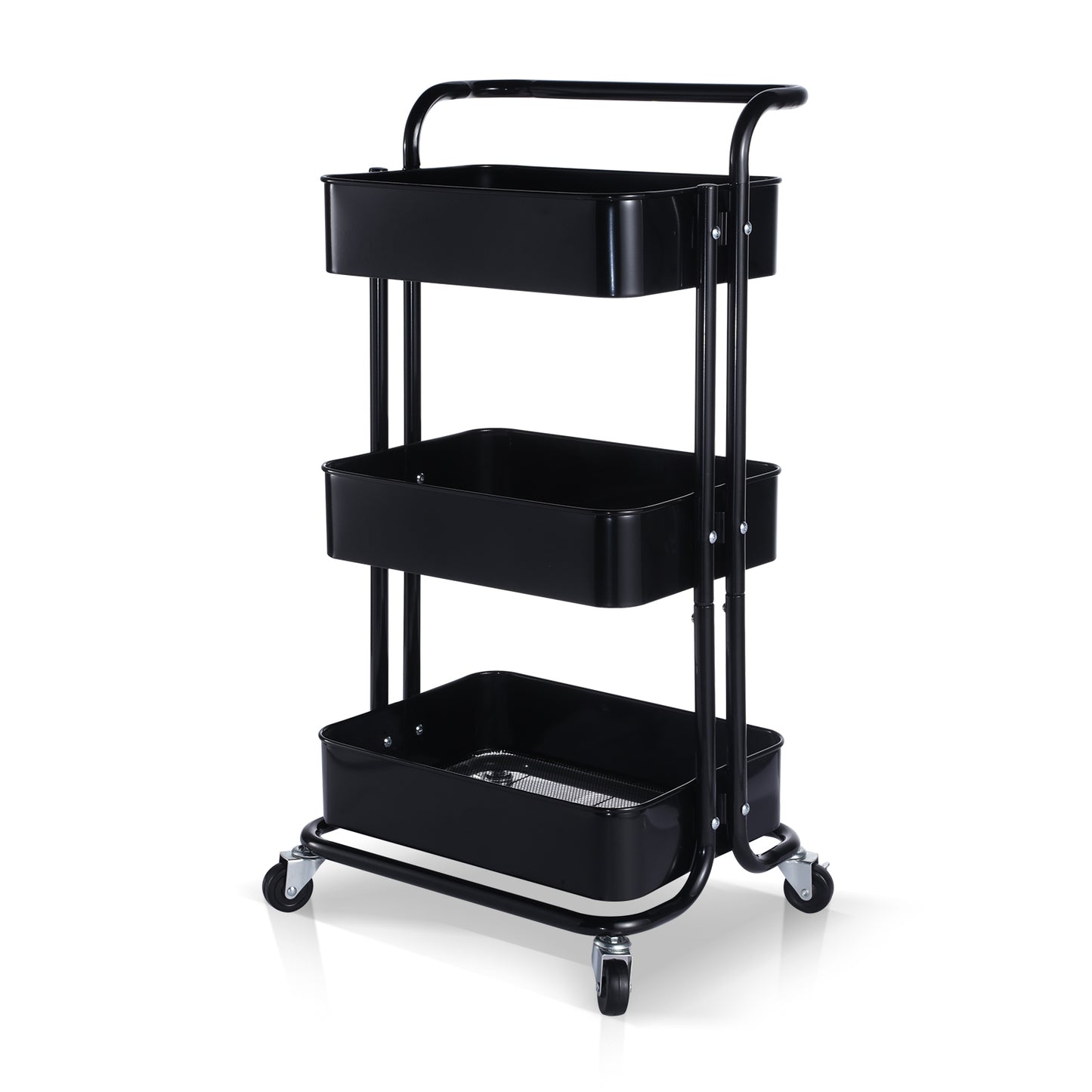 3-Tier Metal Rolling Utility Cart, Heavy Duty Craft Cart with Wheels and Handle, Black