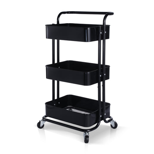 3-Tier Metal Rolling Utility Cart, Heavy Duty Craft Cart with Wheels and Handle, Black