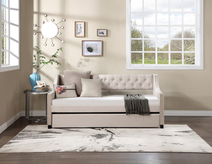 Daybed with Trundle Upholstered Tufted Sofa Bed, with Button and Copper Nail on Arms，both full Size Beige