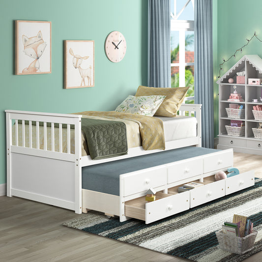 TOPMAX Captain's Bed Twin Daybed with Trundle Bed and Storage Drawers, White