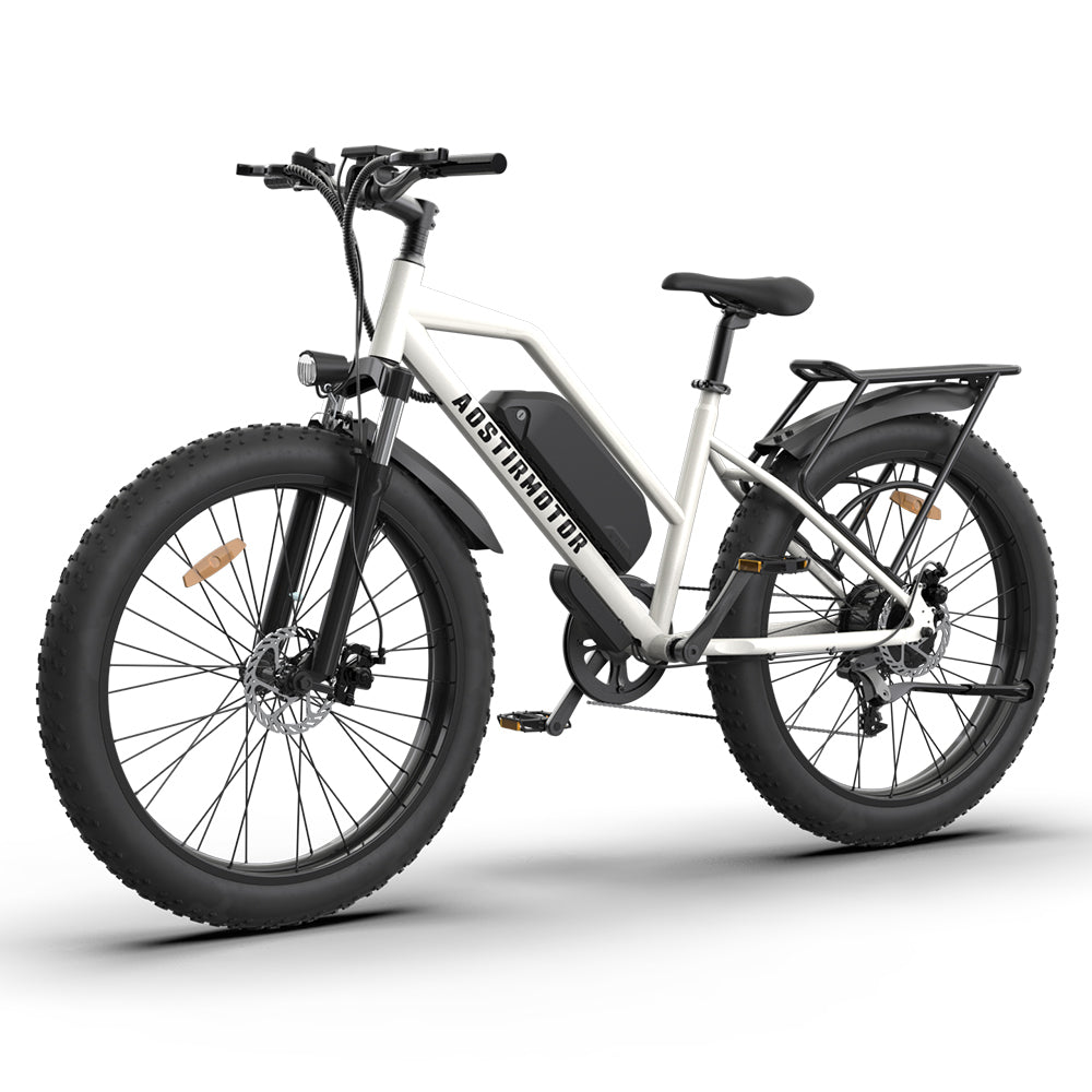 26" 750W Electric Bike Fat Tire P7 48V 13AH Removable Lithium Battery for Adults Girls with Detachable Rear Rack Fender(White)