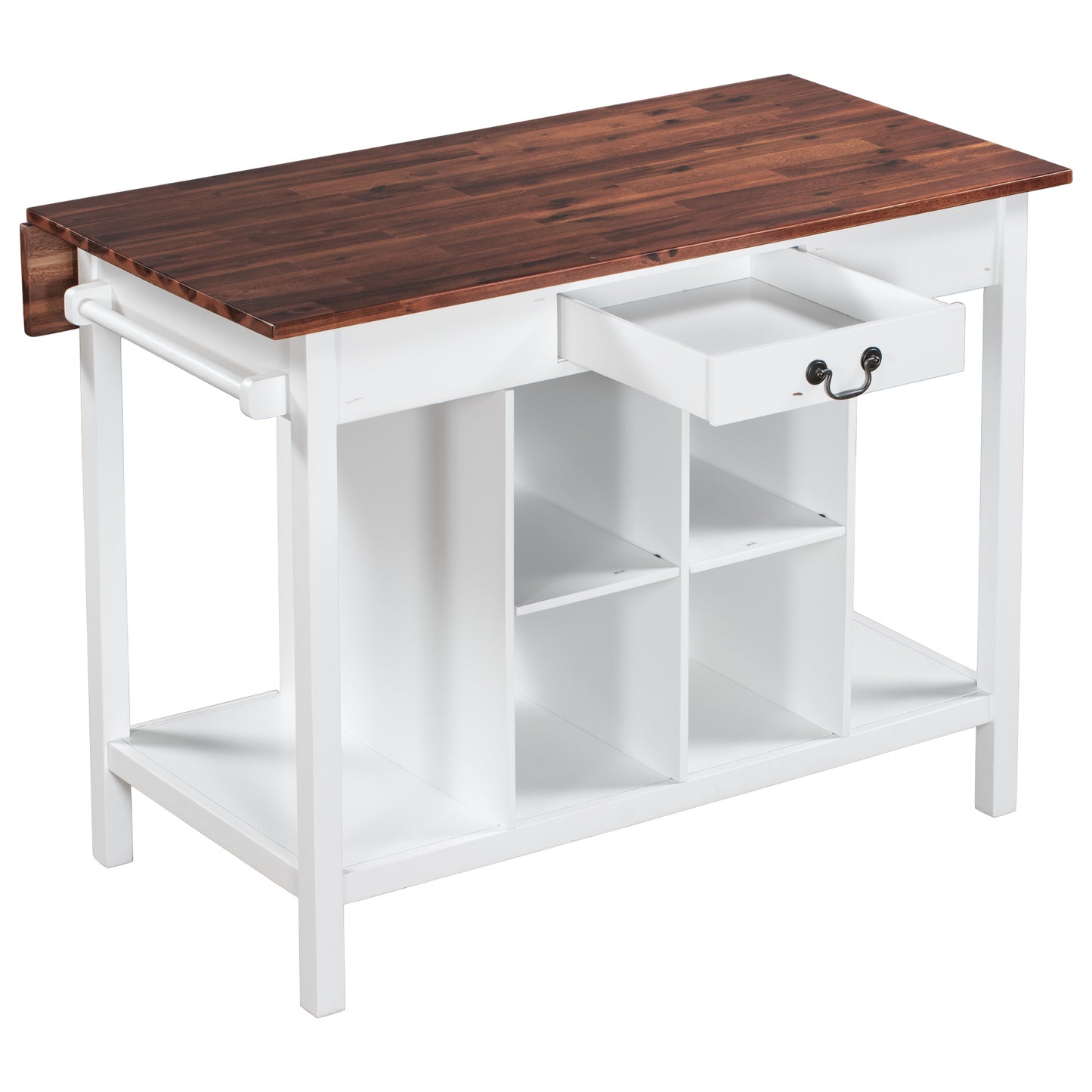 TOPMAX Farmhouse Stationary Wood Dining Table Drop Leaf Kitchen Island with Storage Shelves, Dark Walnut+White