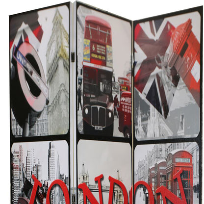 71 Inch 3 Panel Room Divider, LONDON Digital Print, Wood, Gray, Red