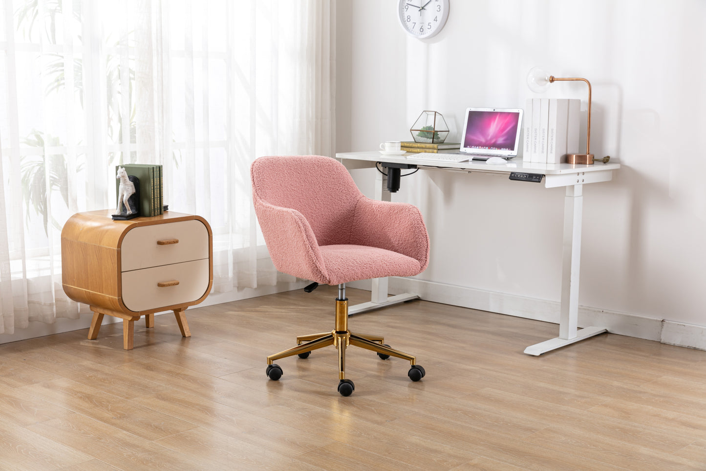 Modern Teddy Fabric Material Adjustable Height 360 Revolving Home Office Chair With Gold Metal Legs And Universal Wheel For Indoor,Pink