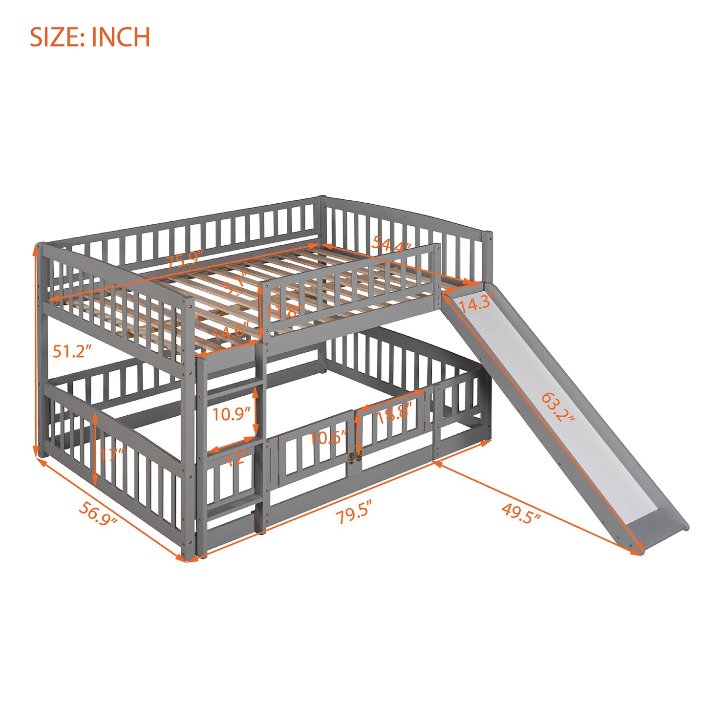 Bunk Bed with Slide,Full Over Full Low Bunk Bed with Fence and Ladder for Toddler Kids Teens Gray