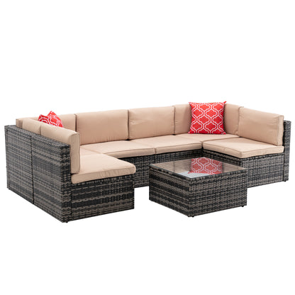 7Pcs Outdoor Garden Patio Furniture  PE Rattan Wicker  Sectional Cushioned Sofa Sets with 2 Pillows and Coffee Table