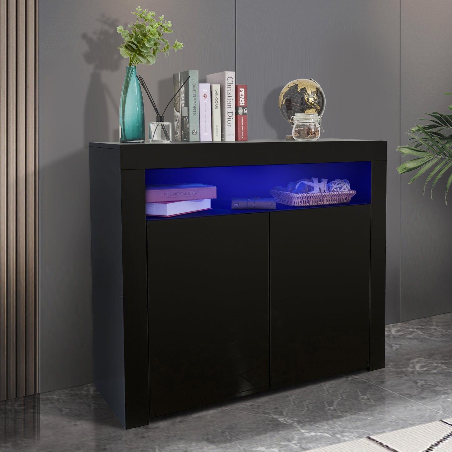 Living Room Sideboard Storage Cabinet Black High Gloss with LED Light, Modern Kitchen Unit Cupboard Buffet Wooden Storage Display Cabinet TV Stand with 2 Doors for Hallway Dining Room