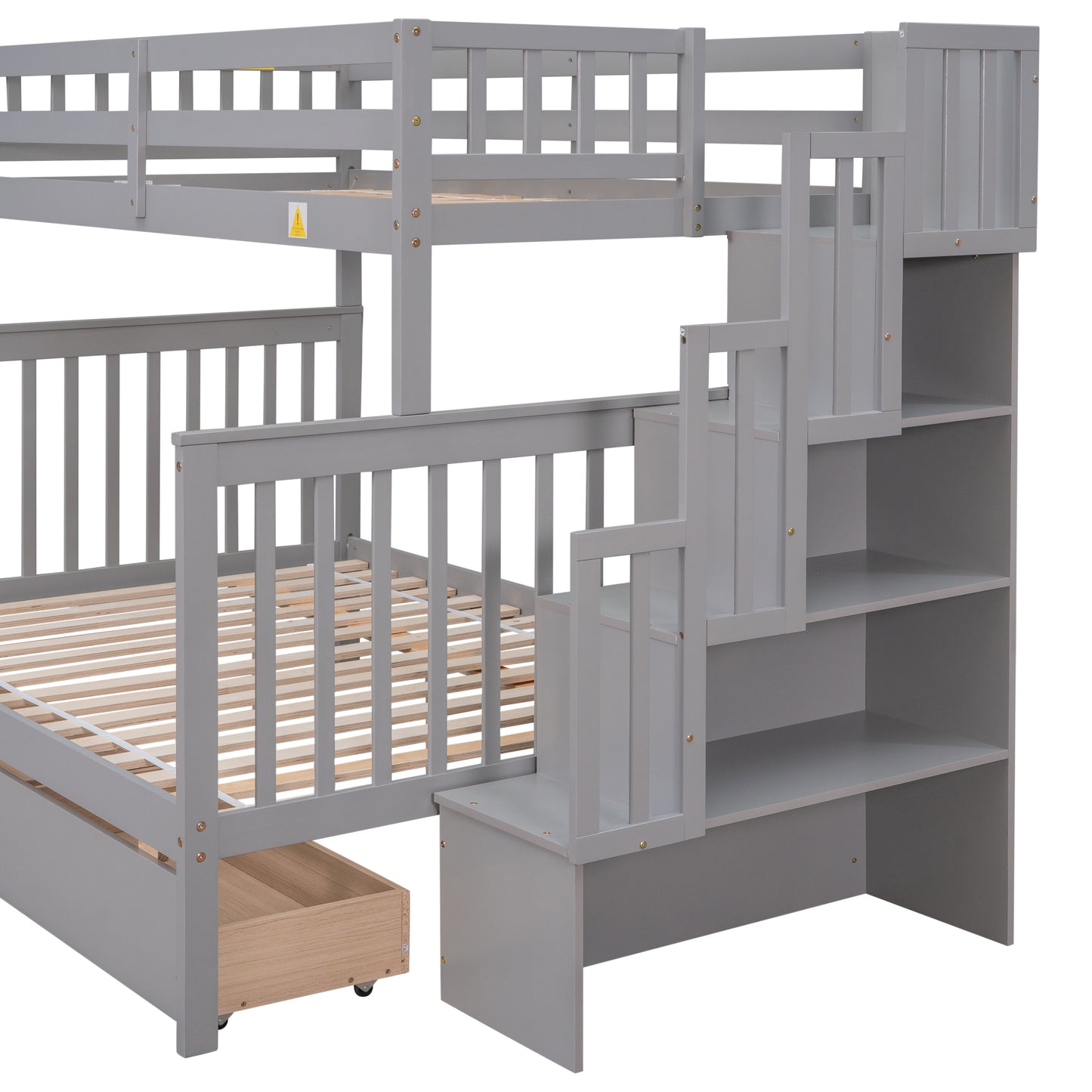 Twin Over Full Bunk Bed with 2 Drawers and Staircases, Convertible into 2 Beds, the Bunk Bed with Staircase and Safety Rails for Kids, Teens, Adults, Grey