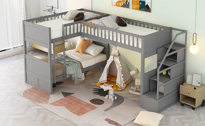 Twin over Twin Wooden L-Shaped Bunk Bed with Ladder and Stairway,Grey(OLD SKU:SM000303AAE-1)