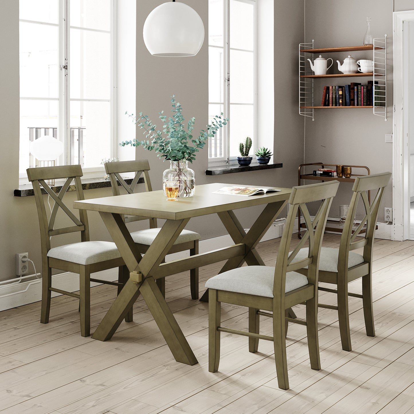 TOPMAX 5 Pieces Farmhouse Rustic Wood Kitchen Dining Table Set with Upholstered 4 X-back Chairs, Gray Green