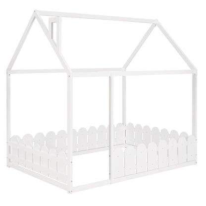 （Slats are not included) Full Size Wood Bed House Bed Frame with Fence, for Kids, Teens, Girls, Boys (White )(OLD SKU:WF281294AAK)