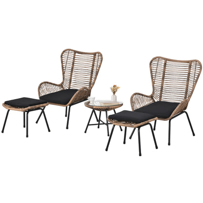 TOPMAX Outdoor Patio 5-Piece Rattan Conversation Set, PE Wicker Arm Chairs with Stools and Tempered Glass Tea Table for Balcony, Natural Rattan+Dark Gray