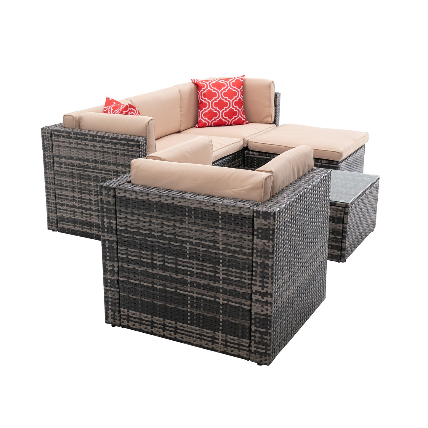 6Pcs Outdoor Garden Patio Furniture  PE Rattan Wicker  Sectional Cushioned Sofa Sets with 2 Pillows and Coffee Table