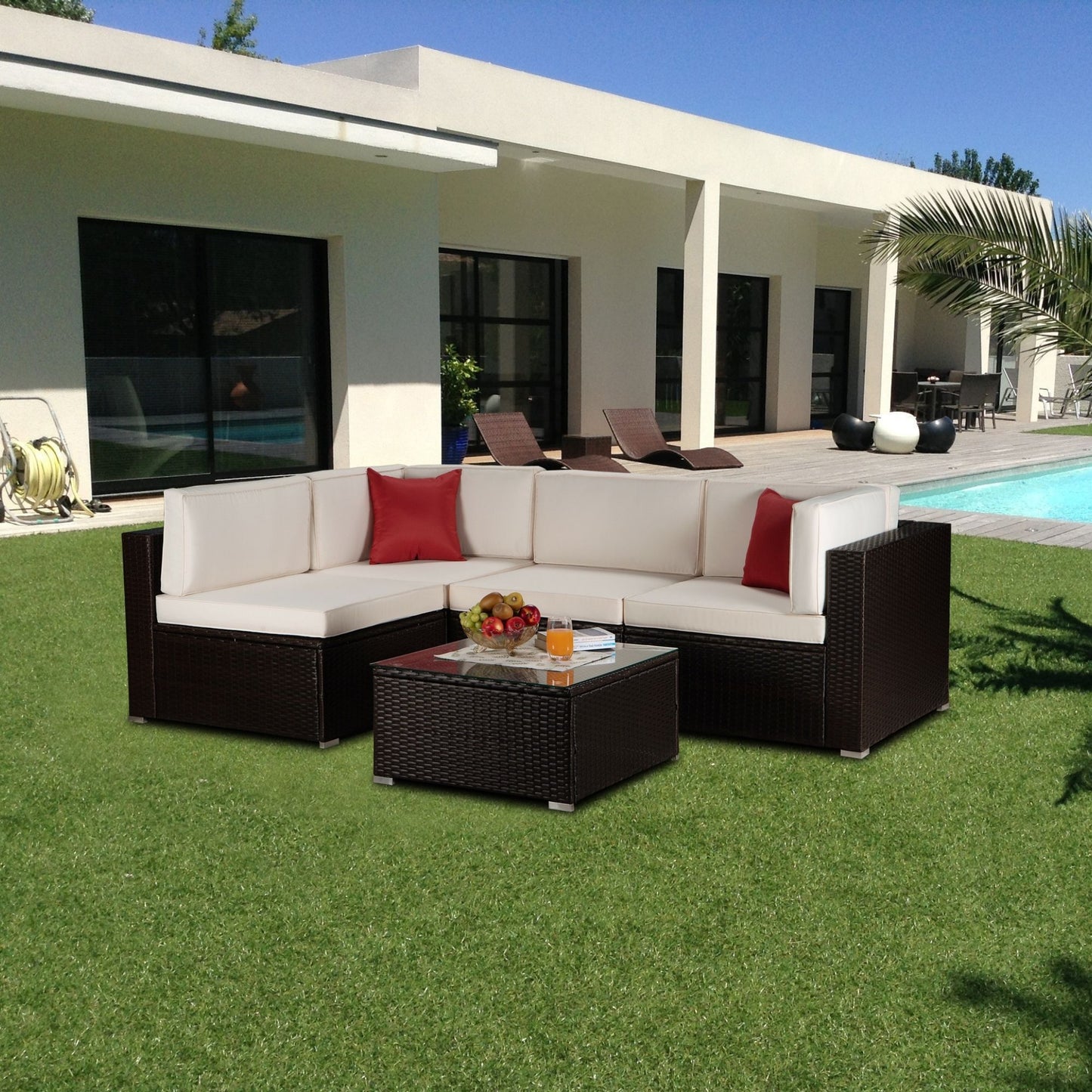 Outdoor Garden Patio Furniture 5-Piece Brown PE Rattan Wicker Sectional Beige Cushioned Sofa Sets with 2 Red Pillows