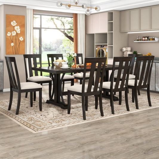 TREXM 9-Piece Retro Style Dining Table Set 78" Wood Rectangular Table and 8 Dining Chairs for Dining Room (Espresso)